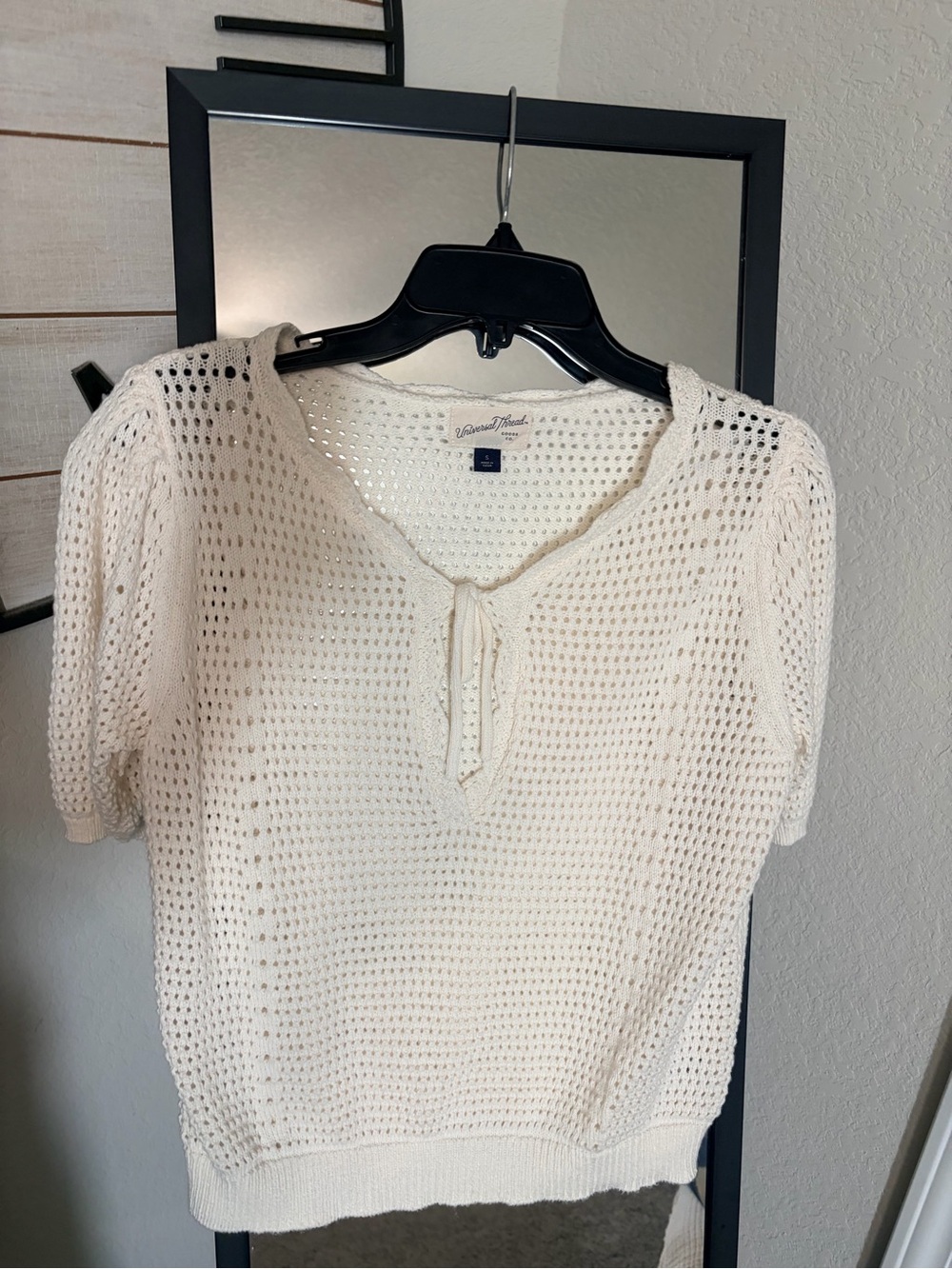 Universal Thread Cream Openwork Tie-Neck Knit Top